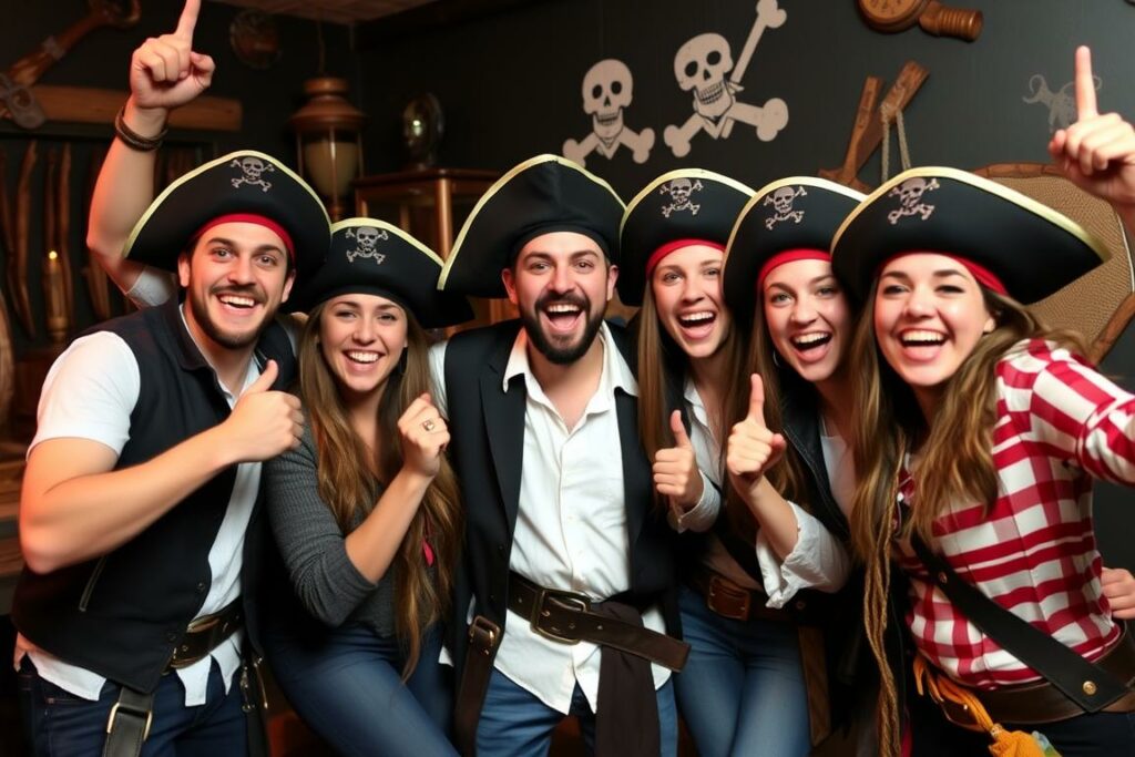 Groupe d'amis participant à l'activité Escape Game pirate à Montpellier Groupe d'amis participant à l'activité Escape Game pirate à Montpellier