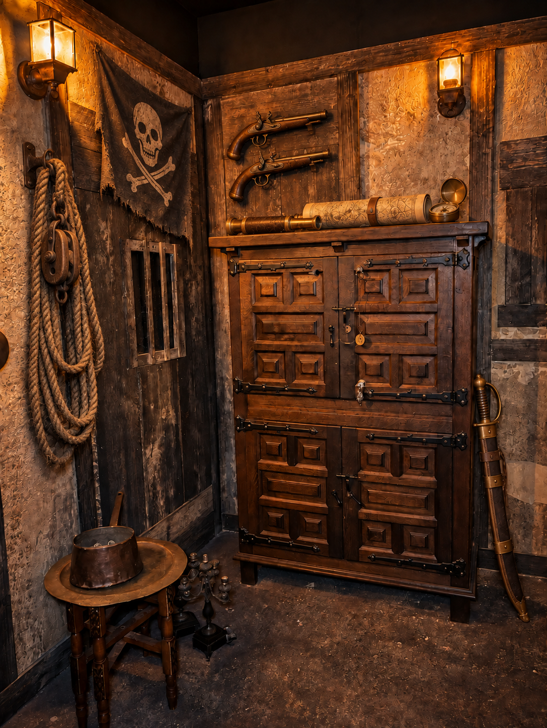Bureau de l’aubergiste avec armoire ancienne, pistolets, sabre, cordages et pavillon pirate.