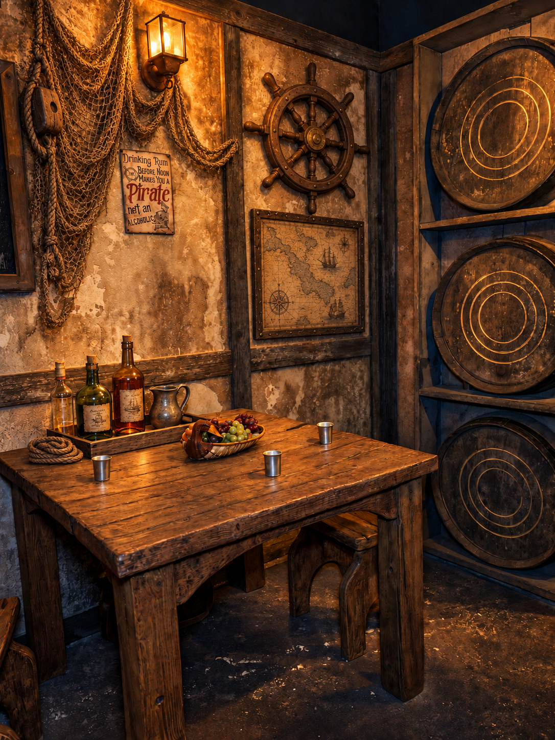 Taverne éclairée par une lanterne, avec table en bois, bouteilles de rhum, tonneaux et décorations nautiques.