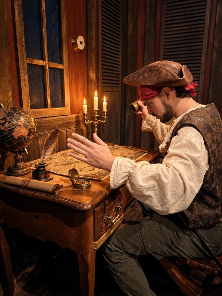 Comédien en costume de pirate utilisant une longue-vue devant une carte marine, un globe, une boussole et des bougies.