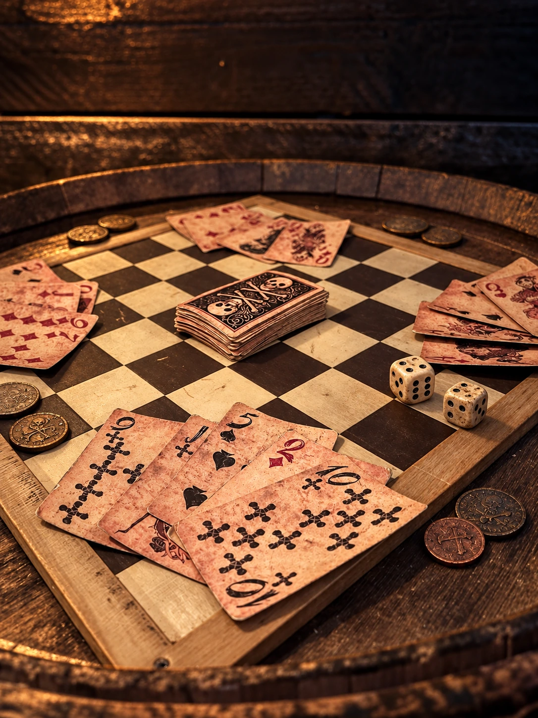 Cartes à jouer vieillies, dés et pièces anciennes disposés sur un plateau à damier posé sur un tonneau.