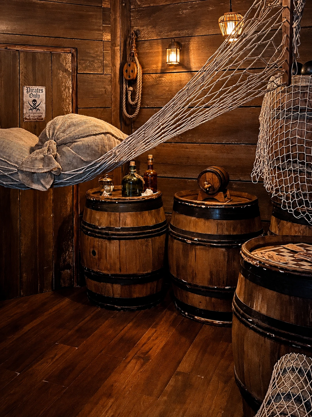 Intérieur de navire pirate avec hamac, sacs en toile, tonneaux, bouteilles anciennes, cordages et lanternes.