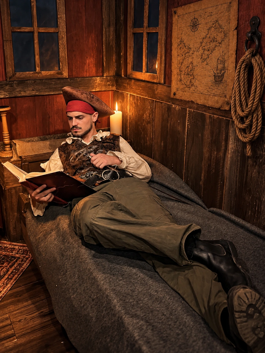 Comédien en costume de pirate lisant dans une cabine éclairée à la bougie, avec carte marine et cordage au mur.
