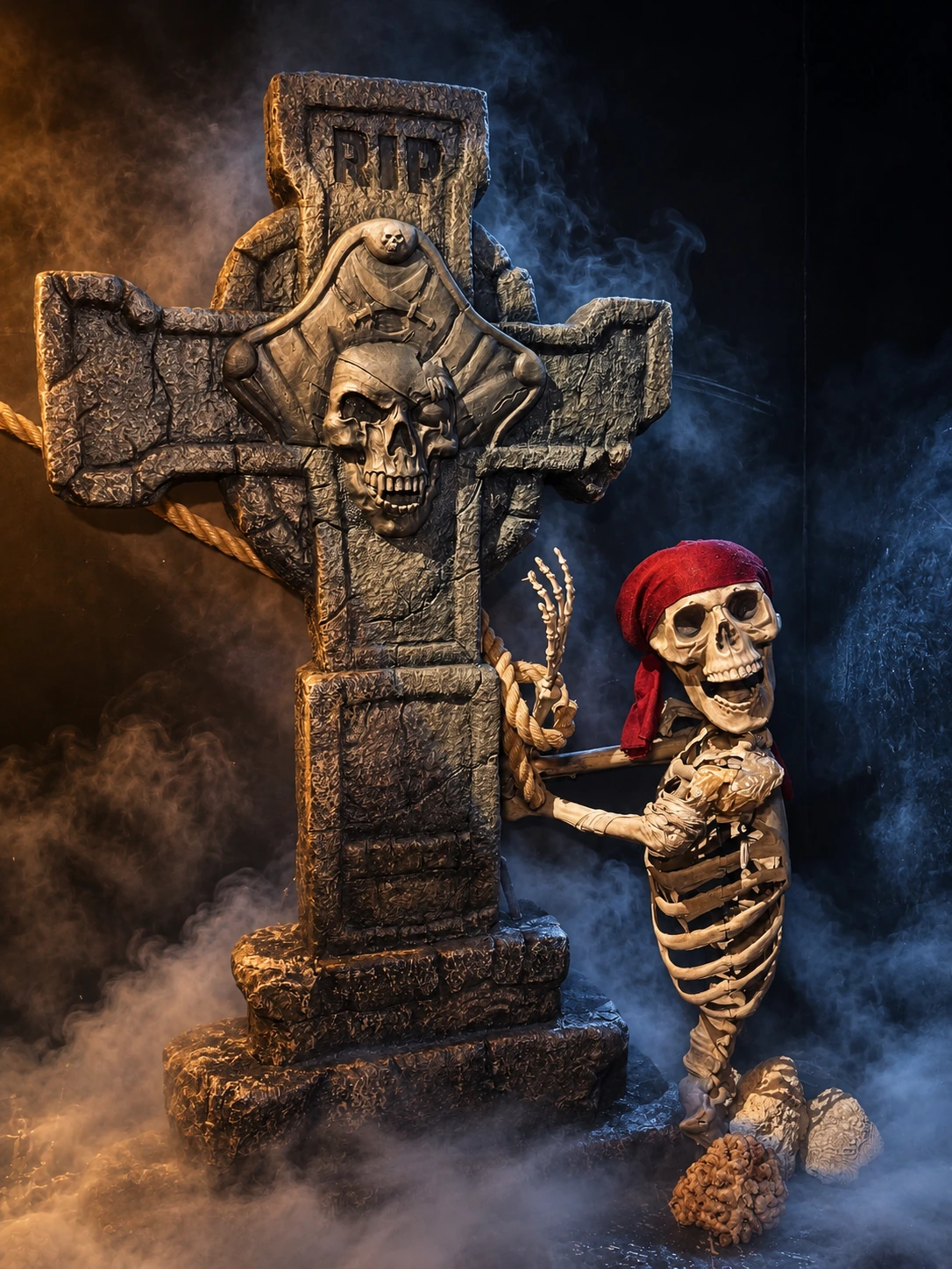Squelette au bandana rouge près d’une croix ornée d’un crâne pirate, entouré d’une brume bleutée.
